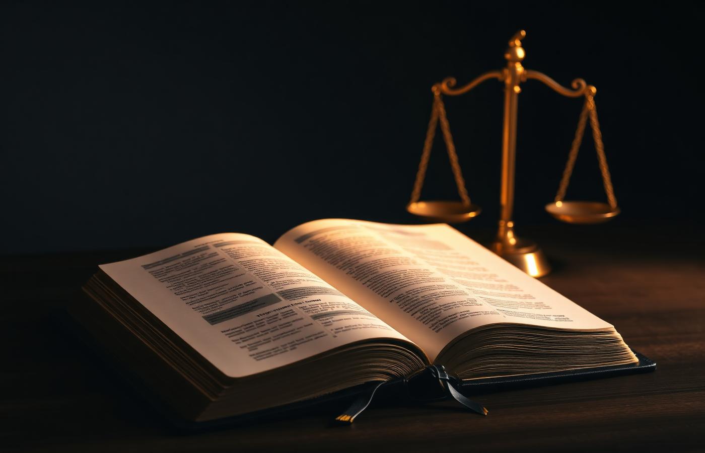 Open Bible with golden scales of justice